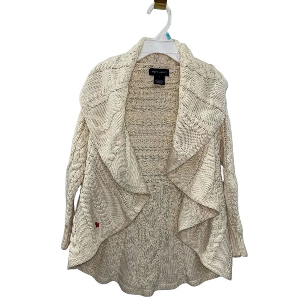 Ralph Lauren Girls Yth S 7/8 Cable Knit Cardigan Cream Ivory Open‎ Front Sweater